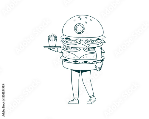 Person Wearing a Fun Hamburger Costume in Minimal Form — Line Art Illustration