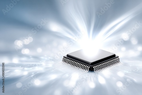 Digital Age Core: A close-up, artistic shot of a computer chip radiating energy, symbolizing technological innovation and the power of processing.