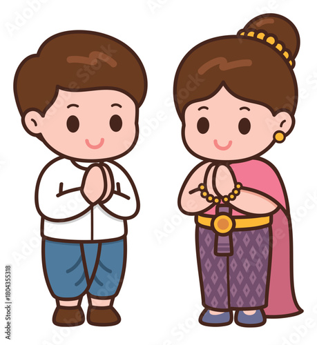 Cute Thai Couple Greeting with Wai Gesture in Traditional Costume