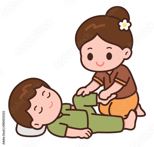 Cute Thai Massage Cartoon – Traditional Thai Stretching Therapy Illustration