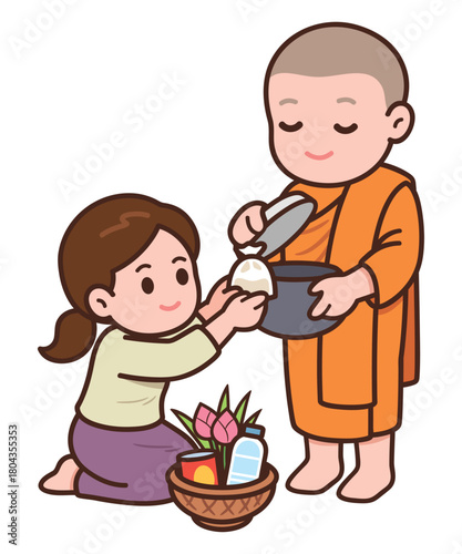 Cute Cartoon Woman Offering Food to Monk – Thai Alms Giving Illustration