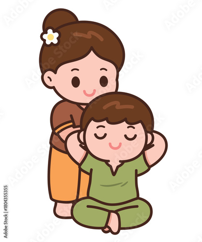 Cute Thai Massage Cartoon – Sitting Back Stretch Illustration