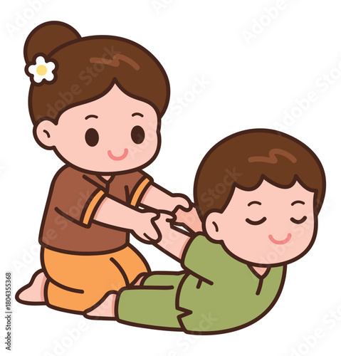 Cute Thai Massage Cartoon – Back Stretching Pose Illustration