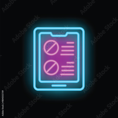 Neon glowing sign of a smartphone displaying two pills with a prohibition sign on a dark background