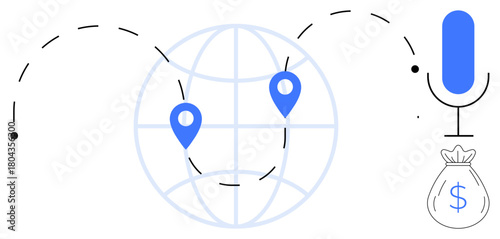 Globe with location pins, microphone, money bag connected by dashed lines. Ideal for communication, online payment, global reach, podcast, digital economy remote work simplicity in messaging. A