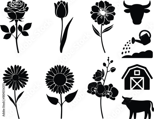 “Collection of floral silhouettes with farming icons including flowers, plants, barn, cow shapes, agricultural symbols, vector set for design use”