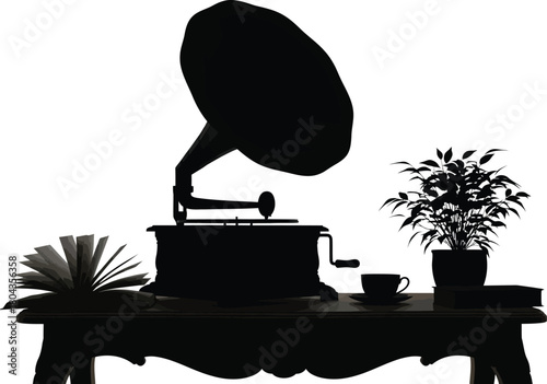 Silhouette of vintage gramophone on table