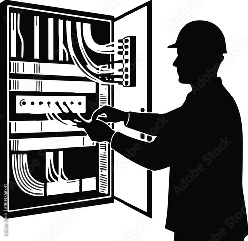 Electrician working on electrical panel silhouette illustration, maintenance technician repairing wiring system, safety engineering worker, power control box artwork