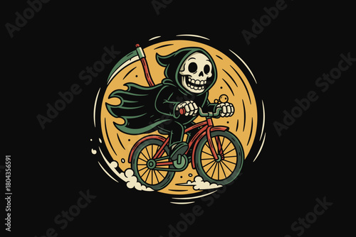 Grim Reaper Riding a Bicycle with a Scythe.