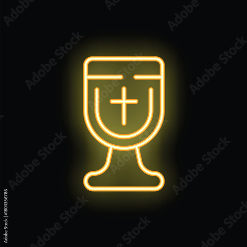 Glowing neon line holy grail cup with cross for communion on dark brick wall background