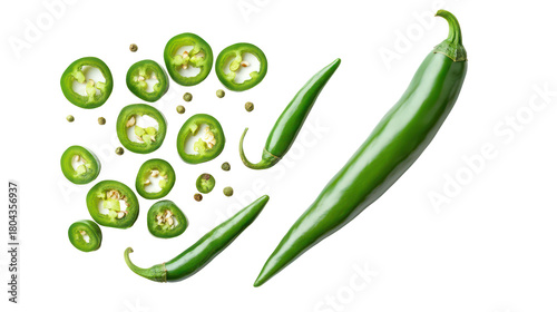 Fresh green jalapeno peppers sliced and whole isolated on transparent background