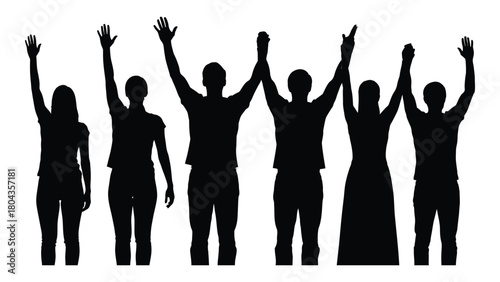 Silhouettes of people with raised arms isolated on white background, Vector