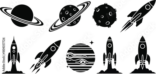 Space and rocket silhouette set