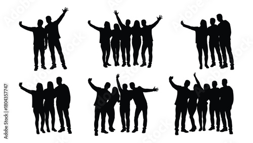 Group selfie and posing silhouettes isolated on white background, Vector