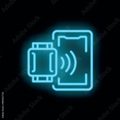 Neon nfc symbol is glowing, representing contactless payment between mobile phone and chip card