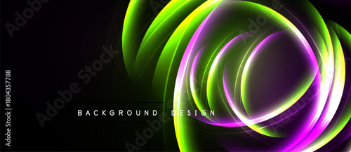 Abstract design features swirling neon lights. Vivid green, purple, white hues create dynamic visual impact against black backdrop. Modern, energetic.
