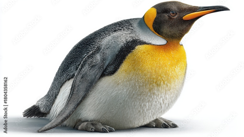 Fototapeta premium A king penguin covered in snow its body is black and white and its neck is golden.