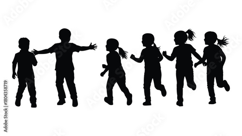 Silhouettes of children playing isolated on white background, Vector