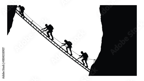 Mountain climbers on rope ladder silhouette isolated on white background, Vector