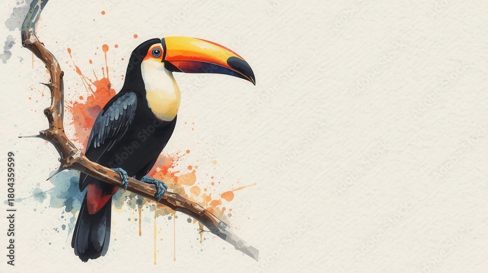 Naklejka premium A vibrant watercolor painting of a Toco Toucan perched on a branch, featuring its striking black plumage and large, colorful beak. Ideal for tropical, nature, and art themes.