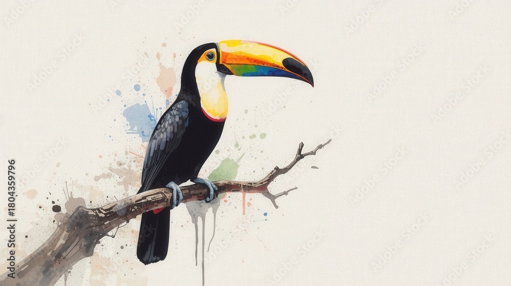 Obraz premium A vibrant watercolor painting of a Toco Toucan perched on a branch, featuring its striking black plumage and large, colorful beak. Ideal for tropical, nature, and art themes.