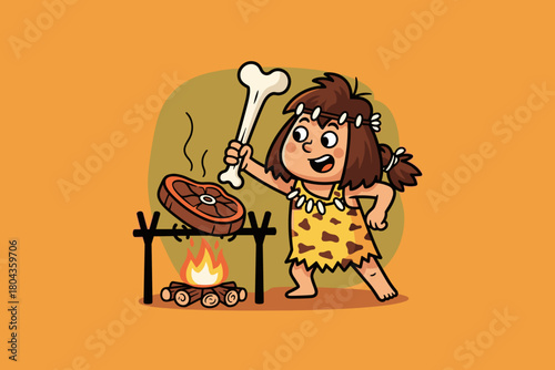 Cavewoman Cooking Meat Over Open Fire With Bone.