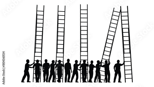 Teamwork and individual effort with ladders silhouette isolated on white background, Vector
