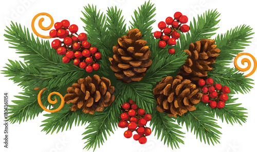 Pine Cones, Berries, and Gold Spirals Arrangement