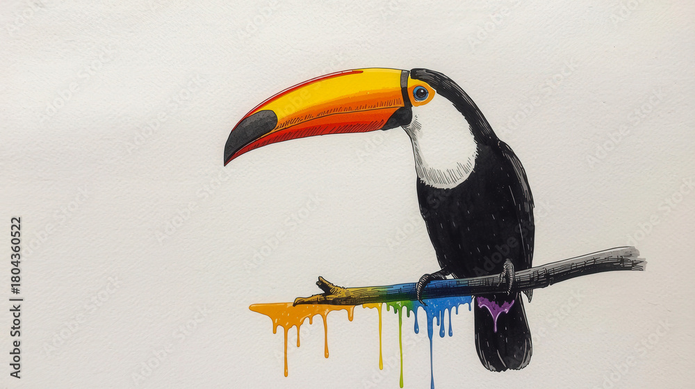 Naklejka premium A vibrant watercolor painting of a Toco Toucan perched on a branch, featuring its striking black plumage and large, colorful beak. Ideal for tropical, nature, and art themes.