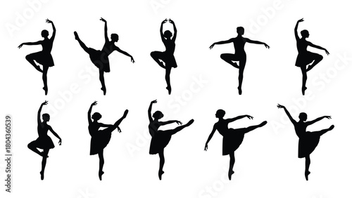 Ballerina silhouettes in various poses isolated on white background, Vector