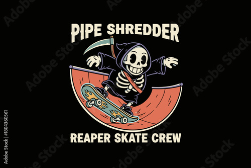Grim Reaper Skateboarder Shredding Pipe.