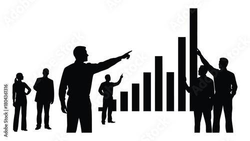 Business team analyzing growth chart silhouette isolated on white background, Vector