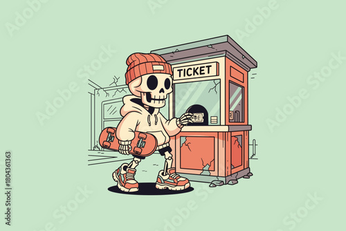 Skeleton Skater Buys Ticket at Booth.