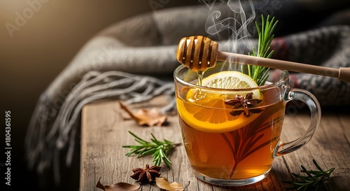 Hot toddy with lemon slice, honey dipper, and herbs, rustic and comforting scene.