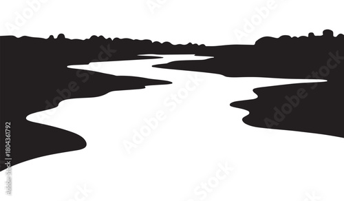  Abstract silhouette of a winding river flowing through a dark forest landscape