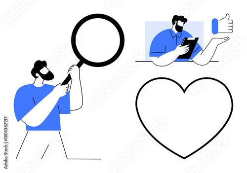 Man holding magnifying glass for search, person giving thumbs up for approval, and heart symbolizing care. Ideal for teamwork, feedback, support, recognition, analysis, reviews simple flat metaphor