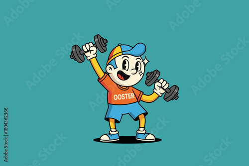 Retro Cartoon Boy Lifting Dumbbells for Fitness.
