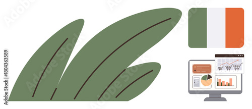 Irish flag, large green leaves, and a screen displaying graphs and data. Ideal for themes of progress, economy, business, agriculture, sustainability national identity ecological awareness. A