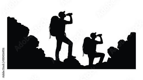 Hiking silhouettes resting and hydrating isolated on white background, Vector