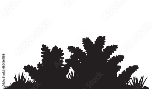  Silhouette of lush green bushes and grass against a bright white background