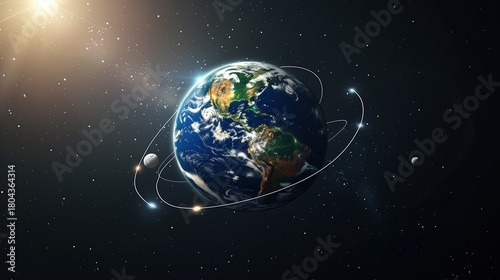 Winter Solstice: Scientific illustration of winter solstice, Earth's 23.5 degree axial tilt diagram, Sun's rays hitting Northern and Southern hemispheres, orbital mechanics visualization