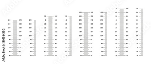 Height meter template. Stadiometer scale from 50 to 140, 150, 160, 170 centimeters. Height charts growth black stickers for wall. Vertical simple markup for rulers. Measuring scale layouts.