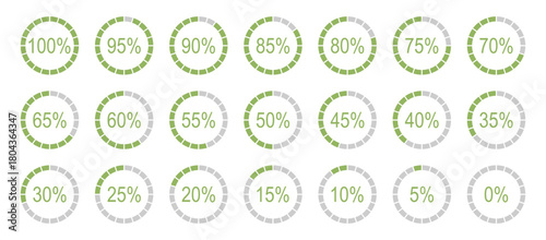 Infographics elements. Percentage round diagrams icons for infographics from 0 to 100 percent. Colour fill divided pie charts indicators in green, grey. Circle graph loading progress mockup.