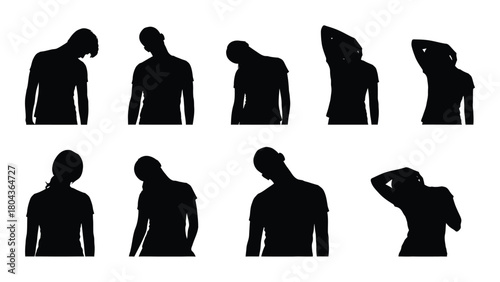 Silhouettes of people performing neck stretches isolated on white background, Vector