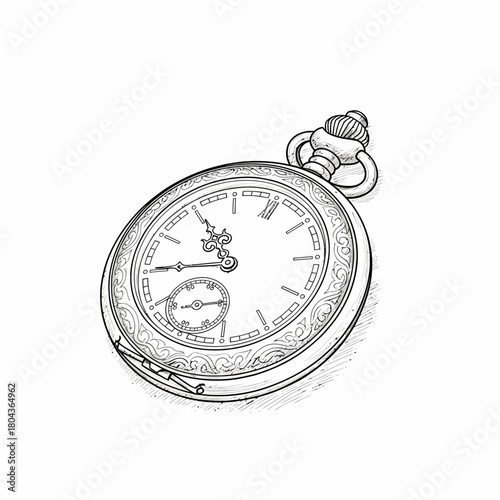 Vintage pocket watch with Roman numerals and engraved case in a classic line art style