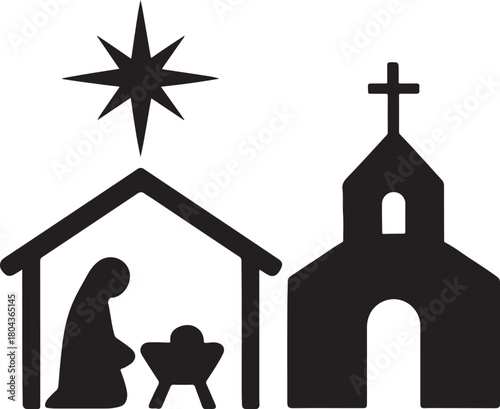 Nativity star shining over stable silhouette, Christmas scene vector illustration EPS.