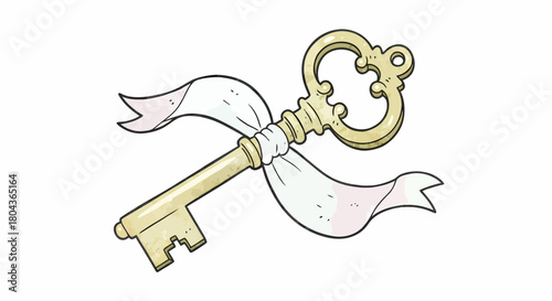 Elegant vintage golden key with a delicate pink ribbon, a hand-drawn isolated illustration
