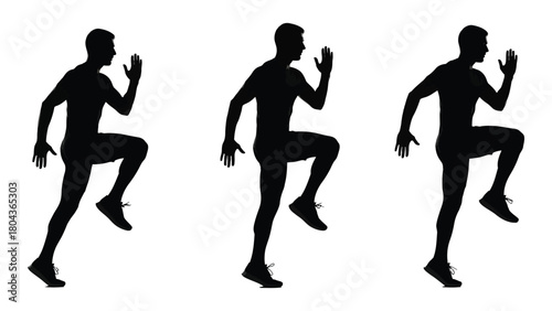 Running man silhouettes in high-knee pose isolated on white background, Vector