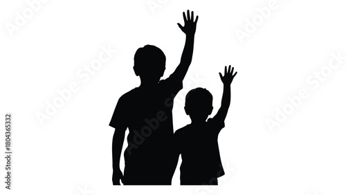 Children silhouettes with raised hands isolated on white background, Vector