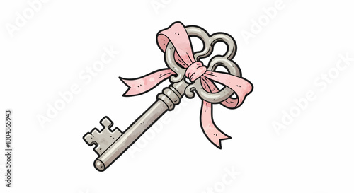 A Decorative Vintage Key with a Pink Ribbon Bow Symbol of Access, Secrets, and Celebration